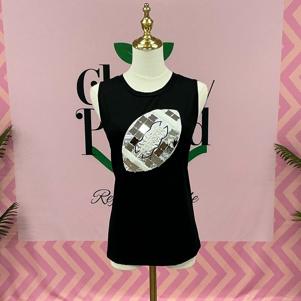 QUEEN OF SPARKLES Black Tank with Silver Sequin Football